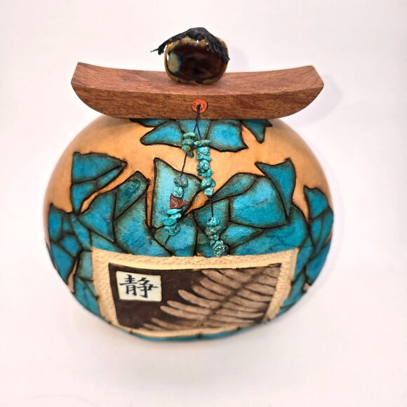 M & K Doolittle Handcrafted Gourd Art Decor With Turquoise Mosaic Wood Top je126 - Picture 2 of 14